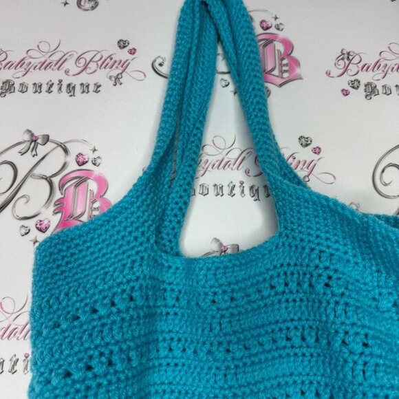 Bag Crochet knit knitted blue turquoise tote bag cute beach boho summer beachy - Picture 2 of 7